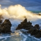 Rocky shore north of Kaikora at sunrise with dramatic storm clouds