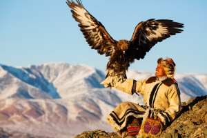 A golden eagle hunter with his eagle in the mountains
